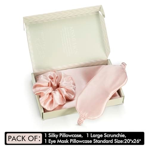 KISMETICS - Vegan Silk Sleep Set, Vegan Silk Pillowcase with Large Scrunchie and Eye Mask for Hair and Skin, Self Care Essential Satin Night Routine Kit (Blush Color) 7