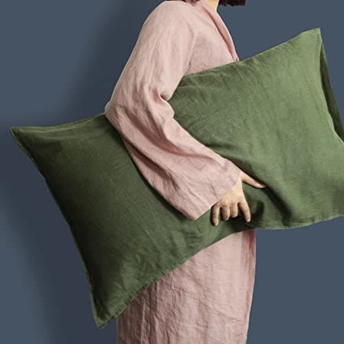 L Linen World 100% French Linen Pillowcase-Set of 2, Queen Size(20''x30''), Stone Washed Solid Color, Soft and Breathable (Olive Green, Queen)