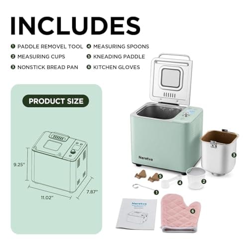 Neretva Bread Maker, 20-in-1 2LB Bread Machine Dual Heater & Nonstick Ceramic Pan Bread Makers Machine All Metal Compact for Gluten Free/Dough Maker/Meat Floss/Jam/Yogurt/Breadmaker Recipe-Light Green 7
