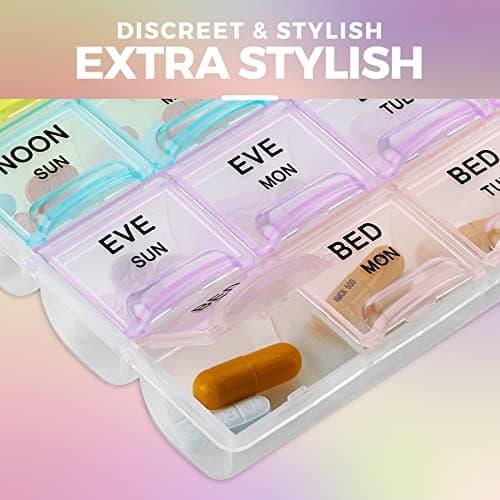 Pill Organizer - Large Pill Organizer with Weekly and Daily 4-Times-A-Day Compartments for Morning, Noon, Evening, Night - BPA-Free, Portable and Travel Friendly Pill Boxes Case 7