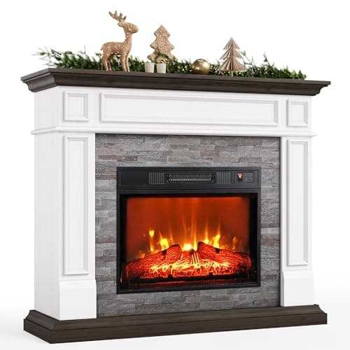 Naice 44" Electric Fireplace Mantel, Farmhouse TV Stand with Electric Fireplace Heater, Stacked Stone Surround and Remote Control 3D Realistic Flame, White Fireplace for Living Room Bedroom 8