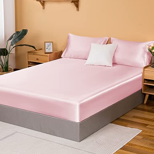NSGZ Satin Fitted Sheet Queen, Single Silky Fitted Sheet Only Soft Deep Pocket Bottom Bed Sheets, Wrinkle Free & Fade Resistant & Breathable Bottom Sheets- Pink