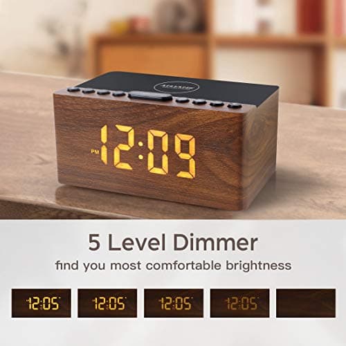 ANJANK Wooden Digital LED Alarm Clock FM Radio, Fast Wireless Charger Station for iPhone/Samsung Galaxy, 5 Level Dimmer, USB Charging Port, 9 Sounds, Sleep Timer for Bedroom, Bedside, Desk 7