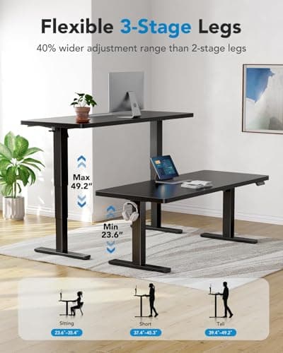 HUANUO 60x30 Inch 3-Stage Legs Electric Standing Desk, Large Height Adjustable Office Desk with Brushless Motor, Stand Up Desk with 4 Memory Presets & 2 Hooks, Computer Desk for Home Office, Black 5