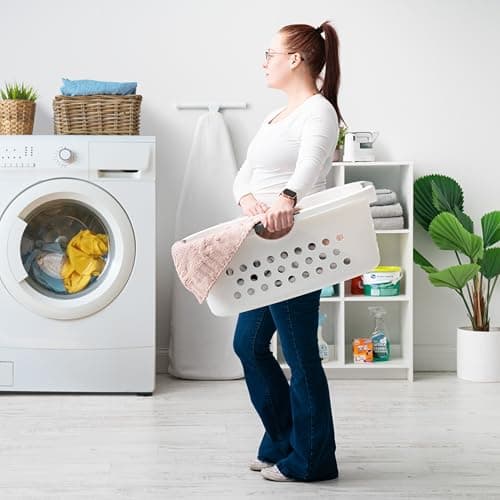 IRIS USA Laundry Basket Hamper Bag, Large Plastic 50L / 1.5 Bushel Dirty Clothes Sorter Bin Organizer for Blankets Bathroom Dorm Bedroom with Ventilation Holes Hip Hold Built-In Carry Handles, White 6