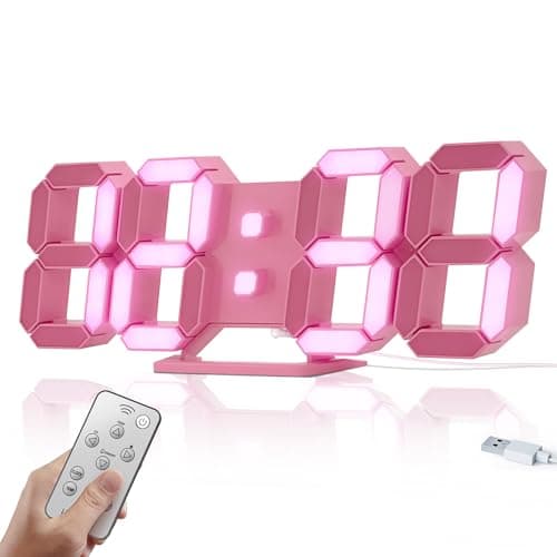 COVERY Pink Digital Wall Clock, 3D LED Desk Clocks, 10 '' Large Numbers for Girl Room - Alarm, Snooze, Temperature, Remote, Nightlight, Auto Brightness Lights, Valentines Gift