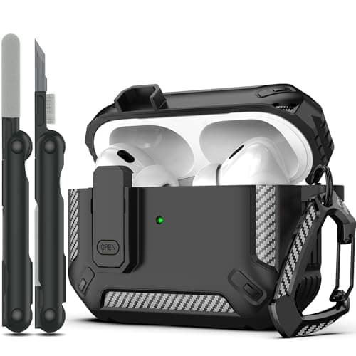 RFUNGUANGO for AirPods Pro Case Cover with Cleaner Kit, Military Hard Shell Protective Armor with Lock for AirPod Pro Charging Case, Front LED Visible,Black