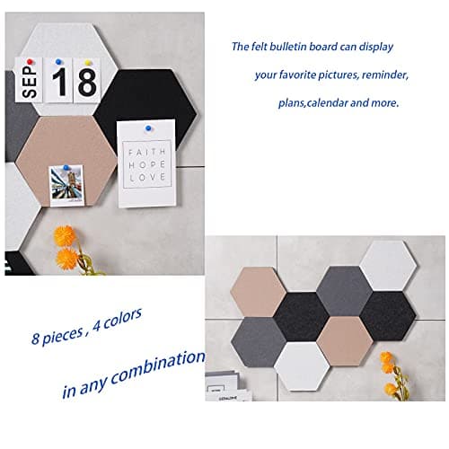 Afumazi 8Pcs Hexagon Felt Cork Board Tiles Self Adhesive Bulletin Board, Pin Board for Wall Decor Memos Photos Display (Set C) 5