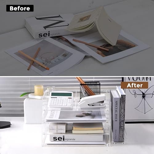 ACRYLATO, Acrylic Desk Organizer - 4-Tier Tray with Vertical File Holder for Books, Stationary, Letter, Magazines, Documents, and File Organizer - Durable Space Saving Storage, For Home and Office 5