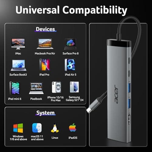 Acer 8 in 1 USB C Hub 10Gbps, USBC to HDMI Adapter 4K@60Hz, 2×USB-C 3.2, 2×USB A 3.0 Data Transfer, 100W PD Port Type C Multiport Splitter with SD/TF Card Reader, for Laptop, PC, Desktop, iPad Pro 9