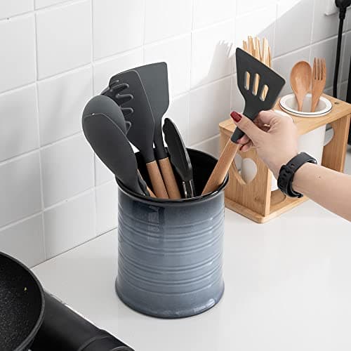 Nihow Kitchen Utensil Holder: 7.2 Inch Extra Large Ceramic Utensil Holder for Countertop - Stable Utensil Crock for Kitchen Counter Decor - Elegant Gray (1PC) 5