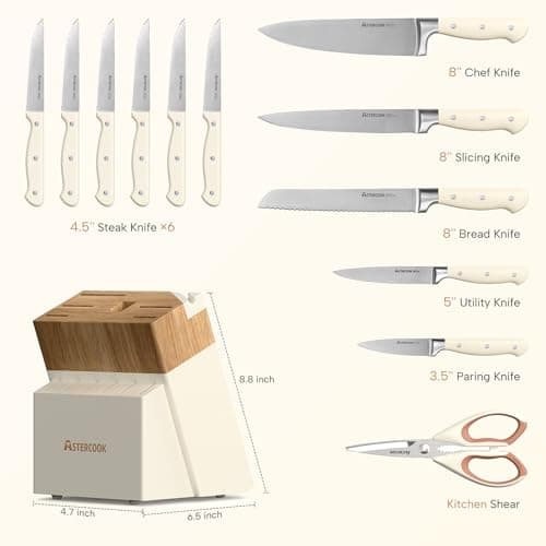 Knife Set,Astercook Kitchen Knife Set with Block 14-Piece Full Tang Stainless Steel Knives with Sharpener Dishwasher Safe and Anti-Slip Ergonomic Handle Elegant Cream White Utensils Set 8