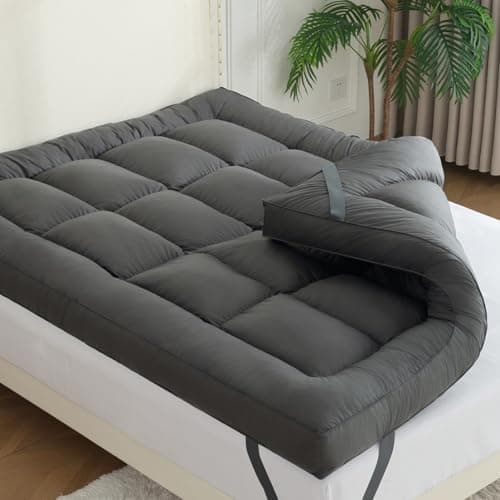 WhatsBedding 5 Inch Mattress Topper Queen Size, 4 Layer Goose Feather Bed Topper, Filled with Shredded Foam, 100% Cotton Mattress Pad Cover, CertiPUR-US Certified, Grey Color, 60x80