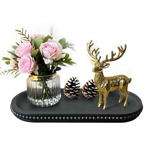 dwellington Wooden Farmhouse Decorative Tray, 12in Rustic Beaded Tray for Living Room Decor, Kitchen Table Décor, Oval Coffee Table Serving Tray (Black)