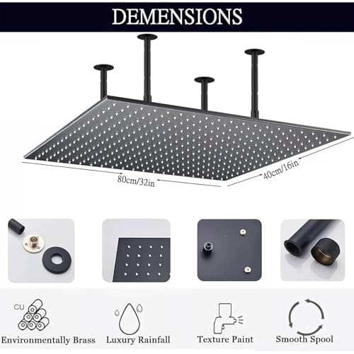 Rain Shower Head 16"x32" Stainless Steel Rainfall Showerhead,Black Square Bathroom Shower Head,Ceiling Mounted 3