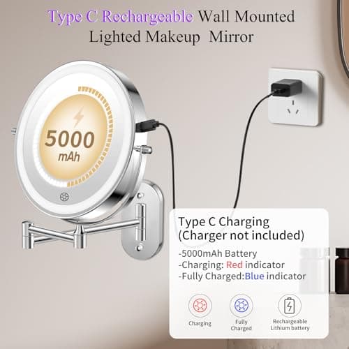 FUNTOUCH 5000mAh Rechargeable Wall Mounted Lighted Makeup Vanity Mirrors, Double Sided 1X 30X Magnifying, 3 Color Lighting, Touch Screen Dimming, Extended Arm 360 Rotation Shaving Bathroom Mirror 2
