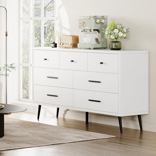 DWVO White 7 Drawer Dresser, 47" W Large Double Dresser Chest of Drawers, Modern Wood Storage Organizer with Black Metal Handles & Anti-Tipping Device for Hallway, Entryway 6