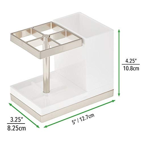 mDesign Plastic Toothbrush and Toothpaste Storage Organizer Holder - Home Decor for Bathroom Countertop - Holds Toiletries and Beauty Accessories - Lumiere Collection - White/Brushed 6