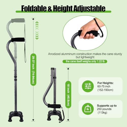 Ez2care Adjustable Folding Quad Cane for Right or Left Hand Use, Lightweight, Self Standing Small Base Walking Stick for Travel and Storage, Four Prongs Collapsible Cane, Metallic Grey 6