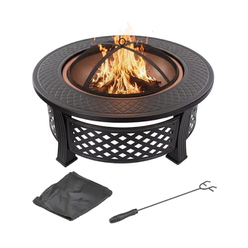 Fire Pit - 32-Inch Outdoor Fireplace with Spark Screen, Poker, and Cover - Wood-Burning Fire Pit for Yard, Patio, or Camping by Pure Garden (Bronze)
