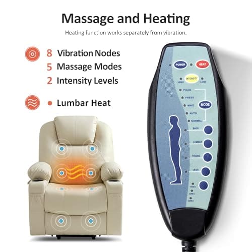 MCombo Power Lift Recliner Chair for Elderly, Lift Chair with Heat and Massage, FSC Certified, USB Ports, Cup Holders, Faux Leather 7040 (Cream White, Medium) 8