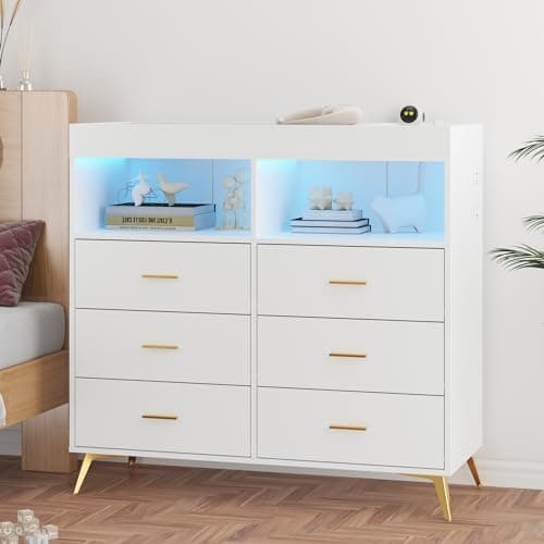 Babevy Baby Changing Table Dresser with LED Lights, Diaper Changing Station Dresser with Changing Table Top, Power Outlet, 6 Storage Drawers, Nursery Organizer for Infants & Newborn, White 8