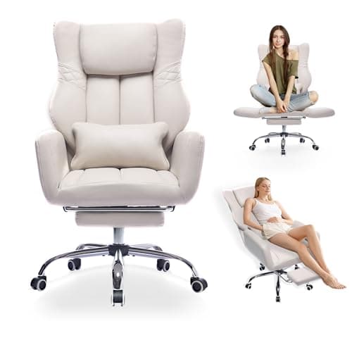 Criss Cross High Back Office Chair with Foot Rest, Ergonomic Cross Legged Desk Chair with Flip-up Armrest, Cozy Reclining 155°Swivel Chair for Home Office, Computer and Entertainment (Beige)