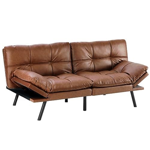 Sweetcrispy Futon Sofa Couch - Leather Memory Foam Futon Sofa Bed, Sofa Sleeper, Full Size Modern Convertible Futon for Living Room, Small Space, Apartment, Office, Brown, SFC-267PU-BN