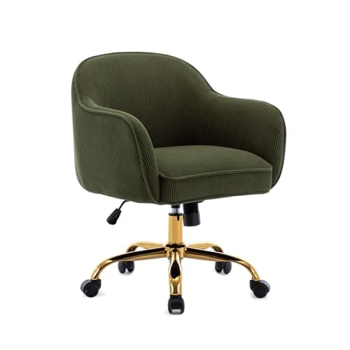 obmedin Home Office Desk Chair with Arms Gold Wheels Modern Velvet Upholstered Rolling Computer Chair Mid-Back Ergonomic Adjustable Swivel Vanity Chair for Bedroom Study Office, Green,Corduroy
