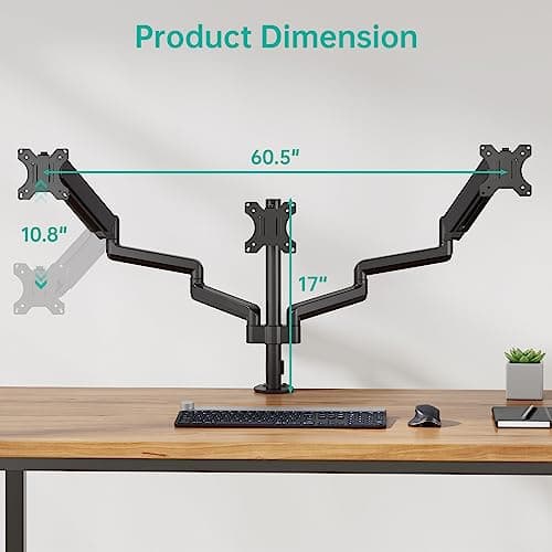 WALI Triple Monitor Mount for 13-27 inch Screens, Adjustable 3 Monitors Desk Mount with Swivel, Tilt, Clamp & Grommet Kit, Gas Spring Arm Triple Monitor Stand, VESA 75x75/100x100mm (GSDM003), Black 7