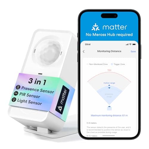 meross Matter Human Presence Sensor, 3-in-1 PIR & Light & mmWave Radar Motion Sensor, AI Motion Detector for Matter Smart Home Automation, Supports HomeKit, Alexa, Google, Home Assistant, 2.4GHz Wi-Fi