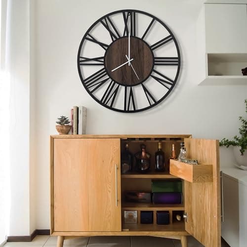 LEIKE Large LED Wall Clocks,Silent,Non Ticking,Battery Operated Rustic Round Modern Big Wood Wall Clock for Living Room, Bedroom,Kitchen,Farmhouse,Office,Home Decor -24" Black,LED,Roman Number 6