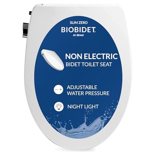 Bio Bidet Slim Zero Non Electric Bidet Toilet Seat Elongated, Low Profile Seat with Slow Close Lid, Battery Powered Night Light, Dual Nozzles, White
