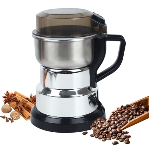 Huitban Electric Coffee Grinders，150-300w Silver Spice Grinder, One-Button Operation to Grinder Coffee Beans, Spices, Dry Herbs, Nuts, etc.1 Plastic Brush and 1 Plastic Spoon Included