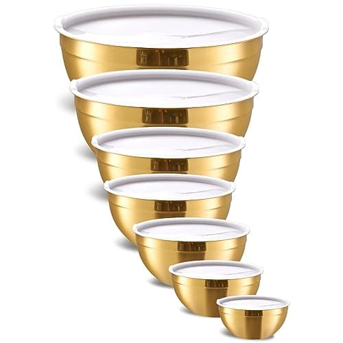 Moxinox Gold Mixing Bowls with Airtight Lids, Stainless Steel Nesting Mixing Bowls Set of 7, Ideal for Baking, Prepping and Serving Food, Size 7, 3.6, 2.7, 2.1, 1.5, 1.1,0.8 QT, Stackable Design 8