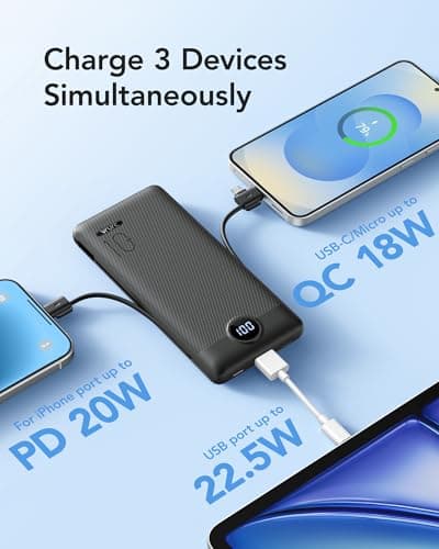 VRURC Portable Charger Power Bank - 10000mAh Fast Charging 22.5W with Wall Plug Slim Portable Charger Built in Cables USB C Portable Phone Charger Travel Accessories -Black(1 Pack) 6