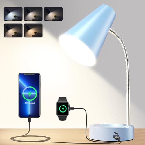 RUNTOP Metal Desk Lamp, Eye-Caring Table Lamp, Study Lamps with Flexible Goose Neck for Bedroom and Office, Desk lamp with USB, 5 Color Temperatures, 5 Brightness Levels (Blue)