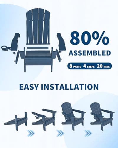 Folding Adirondack Chair Set of 2 with Side Table, All-Weather HDPE Outdoor Chair, Wooden Textured with Cup Holder for patios, Decks, Gardens, fire pits, Navy Blue 8