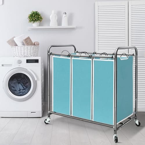 STORAGE MANIAC 3 Section Laundry Sorter, 35.9 Gal (136 L) Laundry Hamper Cart with Heavy Duty Rolling Lockable Wheels and Removable Bags, Clothes Organizer Basket Clothes Separator Hamper, Blue 6