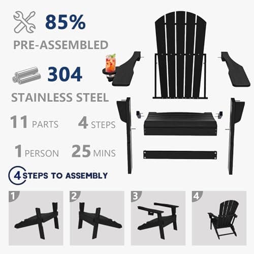 Plawdlik Folding Adirondack Chair Set of 4, Cup Holder，Wooden Textured ，Heavy All-Weather HDPE Comfortable Set Poolside Backyard Lawn Black 6