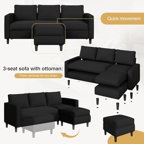 JAMFLY 3-Seat Convertible L-Shaped Sectional Sofa with Reversible Ottoman, Upholstered Fabric Couch for Small Living Rooms, Modern Modular Couch for Apartment, Studio & Loft, Black 5