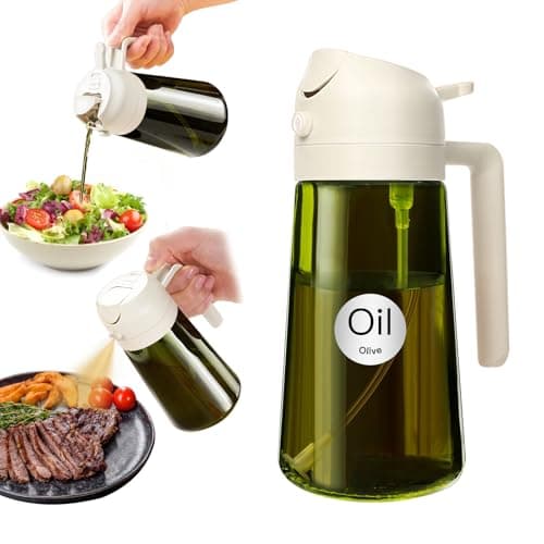 YARRAMATE 16oz/470ml Light-Blocking Dark Oil Sprayer for Cooking, 2 in 1 Olive Oil Dispenser Bottle for Kitchen, Premium Dark Green Glass Oil Bottle, Food-Grade Oil Mister for Air Fryer, BBQ (White)