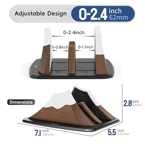 AFOOYO Vertical Dual Laptop Stand - Snow Peak-Shaped Walnut Adjustable Laptop Holder,2 Slots Desktop Dock Compatible with All MacBook, Surface,Chromebook,Dell & More(Walnut) 4