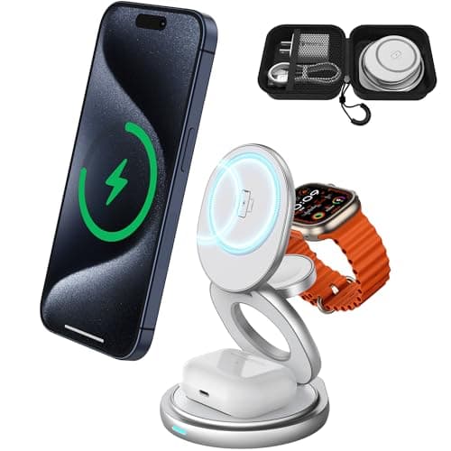 3 in 1 Charging Station for Apple Magsafe Travel Charger for Multiple Devices Aluminum Foldable Magnetic Wireless Charger with 360 Rotating for iPhone 17/16/15/14/13/12 Series,for iWatch,for Airpods
