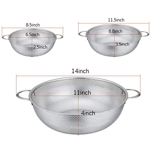 P&P CHEF Colander Set of 3, Stainless Steel Micro-Perforated Colanders Strainers for Draining Rinsing Washing, Ideal for Pasta Vegetables Fruits, Heavy Duty & Dishwasher Safe - 1/3/5 Quart 5