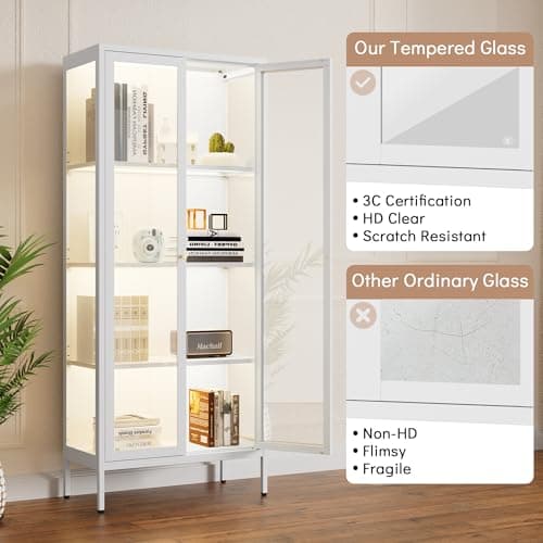 Polup Display Cabinet with 3 Color LED Lights and Tempered Glass, 66 Inch Tall Curio Cabinet with 3 Side Glass, White Display Case for Collectibles, Lighted Cabinets for Living Room- Assemble Required 7