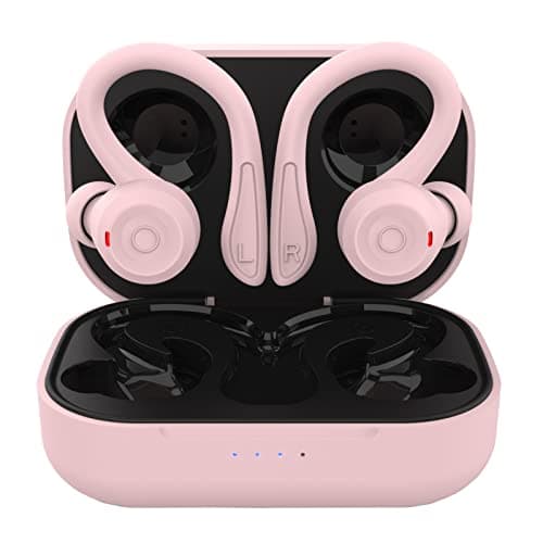 Pink Over Ear Wireless Earbuds with Earhooks Running Bluetooth Earbuds with ear hook Waterproof Small Earphones in Ear Headphones Noise Cancelling Headset Android Ear Buds for Workout Sport Gym