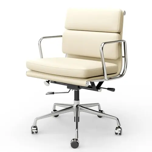 OTDMEL Mid-Back Executive Genuine Leather Office Chair, with Aluminum Arms and 5-Star Base, Modern Rolling Desk Chair with Silent Wheels, Lumbar Support, High-Adjustable, Tilting for Home & Office