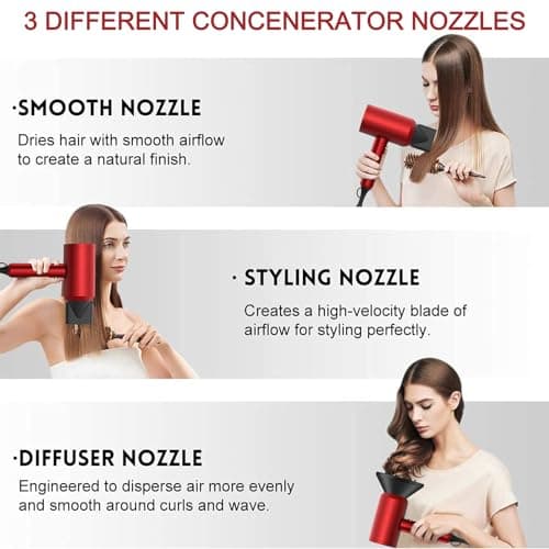 Slopehill Professional Ionic Hair Dryer, Powerful 1800W Fast Drying Low Noise Blow Dryer with 2 Concentrator Nozzle 1 Diffuser Attachments for Home Salon Travel (Agate Red) 3