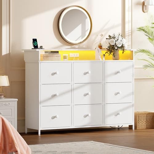 Nicehill Dresser for Bedroom with 9 Drawer,White Dresser with LED Light,TV Stand for Bedroom with Charging Station,Fabric Drawer for Hallway,Closet (White)